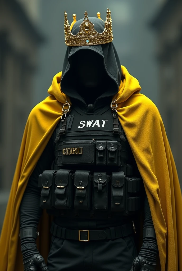 A hooded man whose face cannot be seen, wearing a golden crown on his head, a SWAT suit, and a yellow cape.