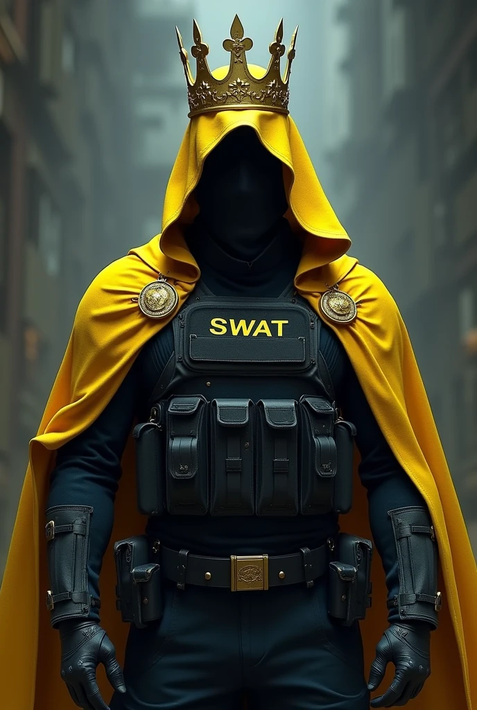 A hooded man whose face cannot be seen, wearing a golden crown on his head, a SWAT suit, and a yellow cape.