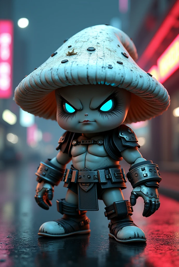 Design a high-quality, 3D-rendered character of a masculine, cyberpunk-themed white mushroom. The mushroom should have a rugged, angular cap with metallic textures, integrating elements like subtle neon circuit patterns glowing in cyan and magenta. The cap should have a few small, mechanical details like vents or embedded wires, giving it a futuristic, high-tech look. The eyes should be sharp and intense, with a glowing, neon-blue hue, exuding a sense of power and confidence. The mouth should feature a confident smirk, slightly more pronounced, giving the character a tough, almost rebellious attitude. The stem should be thicker, with mechanical components and armor-like plating, seamlessly blending organic and synthetic elements. The texture should mix the natural surface of a mushroom with cybernetic enhancements, including exposed circuits or small panels. The overall design should reflect a cyberpunk aesthetic, with dark, sleek colors contrasted by bright neon lights. The character’s pose should be strong and assertive, possibly with one foot forward and the cap tilted forward as if challenging the viewer. The environment should be a dark, futuristic cityscape, with neon lights reflecting off the character, highlighting its cyberpunk elements.