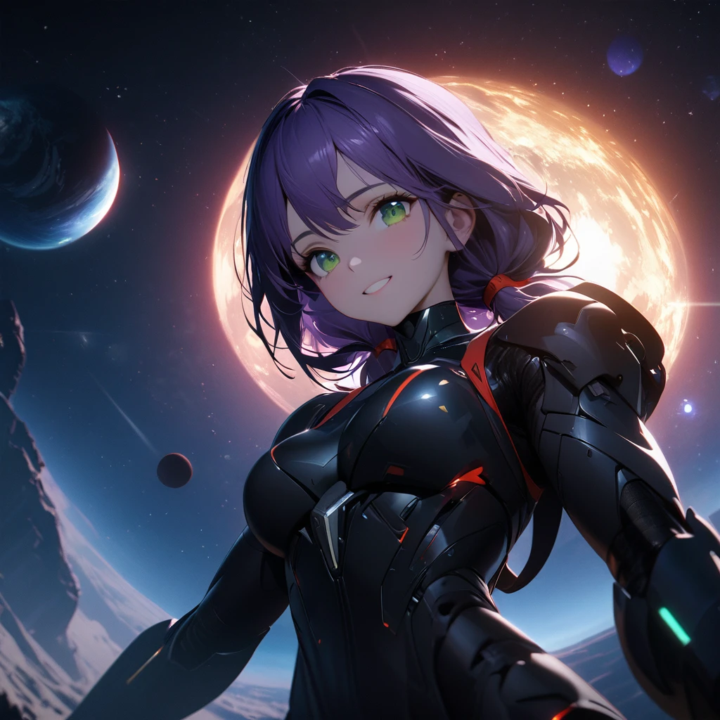 mech, a glass texture, girl, smiling, lonely, looking at viewer, low twintails, purple hair, green eyes, slim, lanky, beautiful ass, athletic, mask, shooting a gun in front of her, Scene of Tension, Revelation Scene, with a sun, with a planet, with a comet, with a meteor shower, with a black hole, with a galaxy, at night, upper body, from front, dynamic angle, wide view, vfx, sfx, hard lighting, wide-angle lens, masterpiece, best quality, high quality, detail
