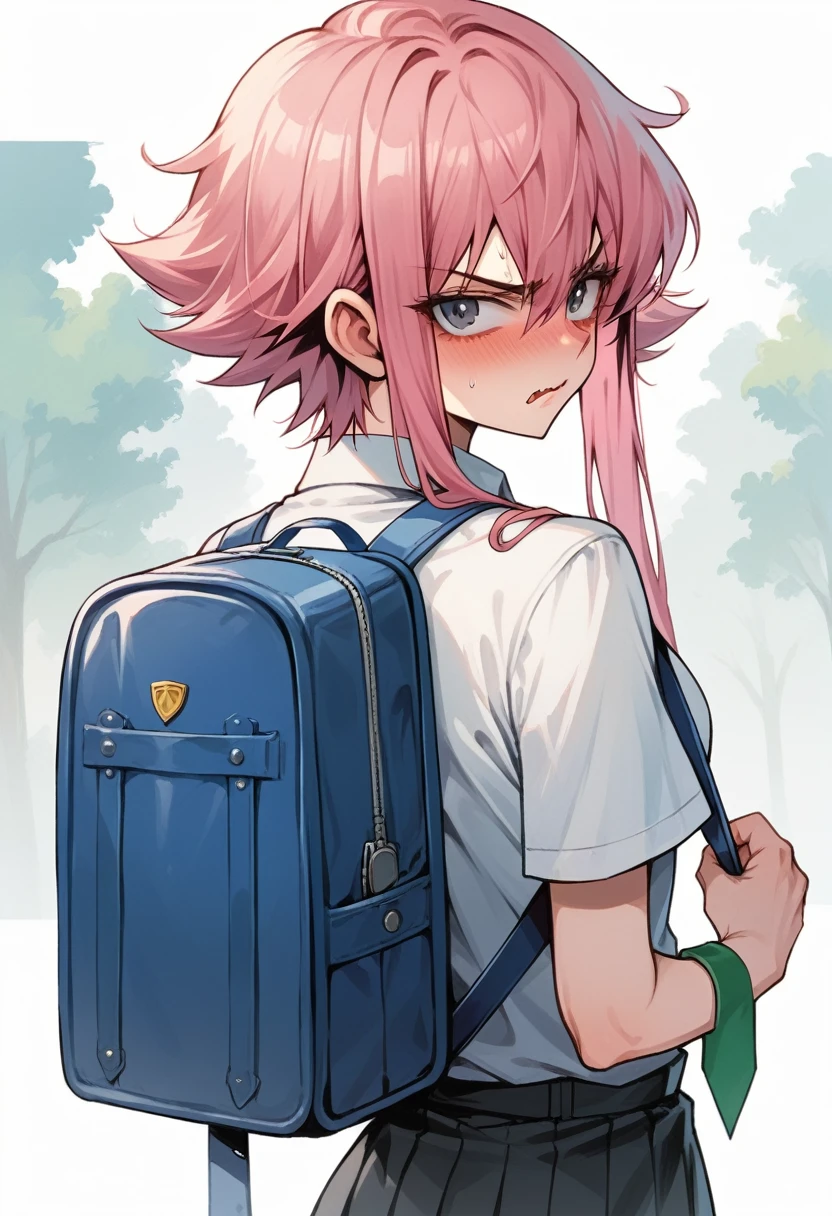 (Masterpiece), short hair, 1girl, floofy hair, curly hair, brat, tsundere, short slirt, highschool uniform, school girl, tie, embarrassed, blushing, wobbly mouth, (angry), from behind, pink hair, looking at viewer, outside, backpack, panties, sexy