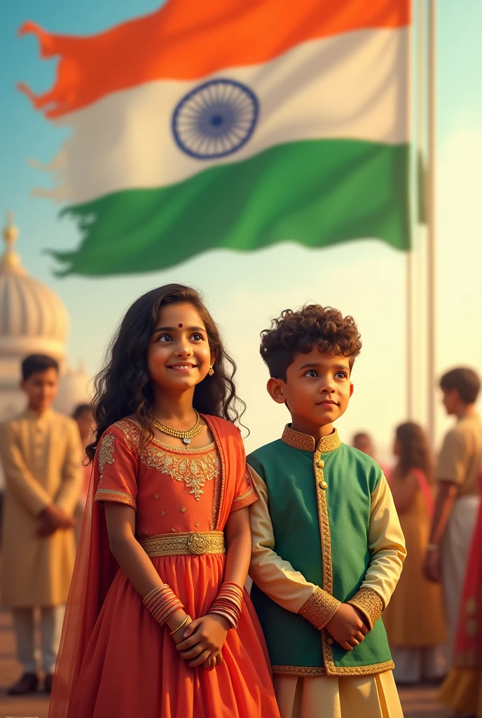     "Background indian flag"
One girl and boy "TAMANA "MISTER" Enjoying Independence Day" indian formal dress on side name "TAMANA " MISTER" 15 august 2024