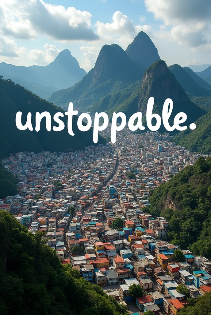 Make a jpeg image of the Rocinha favela in Rio de Janeiro seen from above with the word unstoppable in neom 