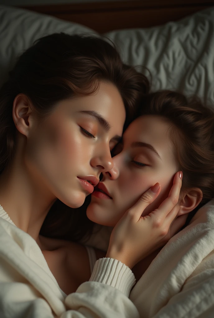 A realistic first-person image of me stroking the face of a fair-skinned woman, Medium Brown Hair, Light brown eyes, small face about to wake up
