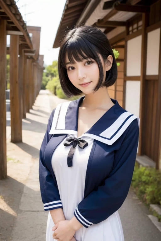 One person, 8k,smile, Big Breasts、Black Hair, Simple Background, High resolution, Highest quality, High-resolution model, High detail, Japanese、Gaze、Shortcuts, Sailor suit、classroom