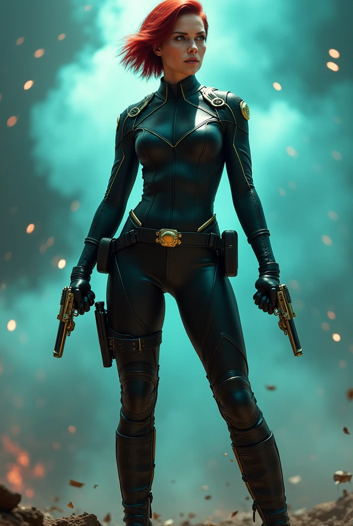 In this captivating image, the central female character (Scarlett Johansson) exudes confidence and authority, her short straight red hair a vibrant contrast to the sleek black swat uniform armor with gold accents, complete with gloves and boots that evoke a sense of uniformity. Her hands firmly grasp two pistols, their metallic surfaces and grips gleaming in the light as she surveys the dynamic background with a determined gaze. The explosion of colors behind her, featuring blues and greens, adds to the overall sense of energy and action, evoking the world of comic books or video games where she takes center stage as a powerful superhero, , retina, accurate, masterpiece, super detail, high details, best quality, award winning, highres, HD, 4K, 8k, 16k, retina, accurate, masterpiece, anatomically correct, textured skin, super detail, high quality, award winning, highres, 8k, 16k