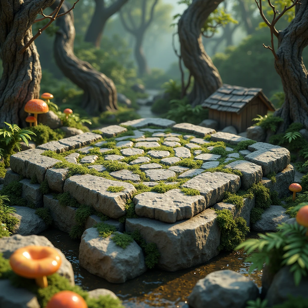 3D Model Games, Tribal style, Square land model of rocks, Ancient forest with rocks, Trees and mossy decaying wood, mushroom, Flower and grass growth