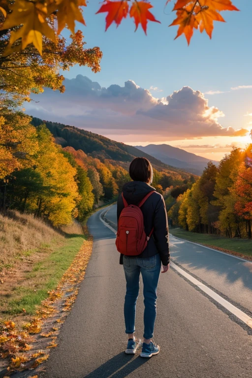 Mountain、autumn leaves、sunset