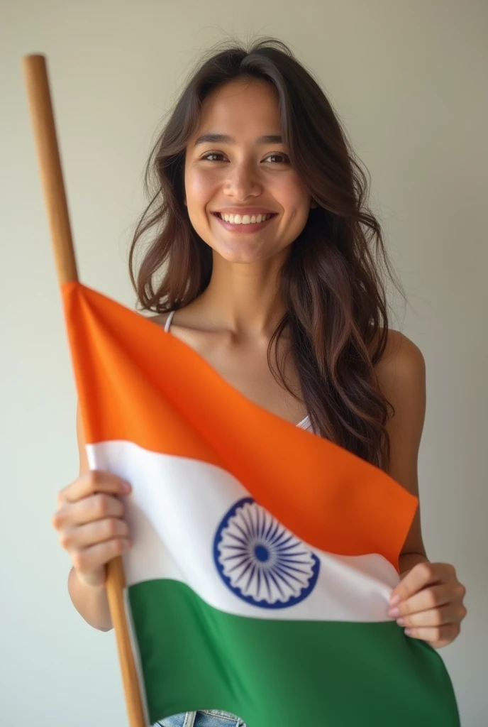 Cute face , lady, wears a top, holding a indian flag 