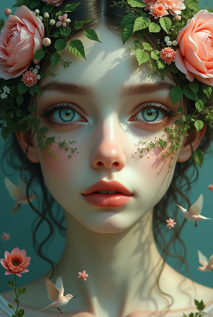 face of a beautiful woman with light eyes.  On Iris, there's a garden landscape with flowers and birds on her face. . her holding half of a mask 

