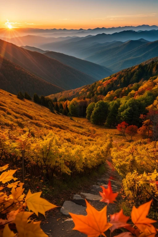 Mountain、autumn leaves、sunset
