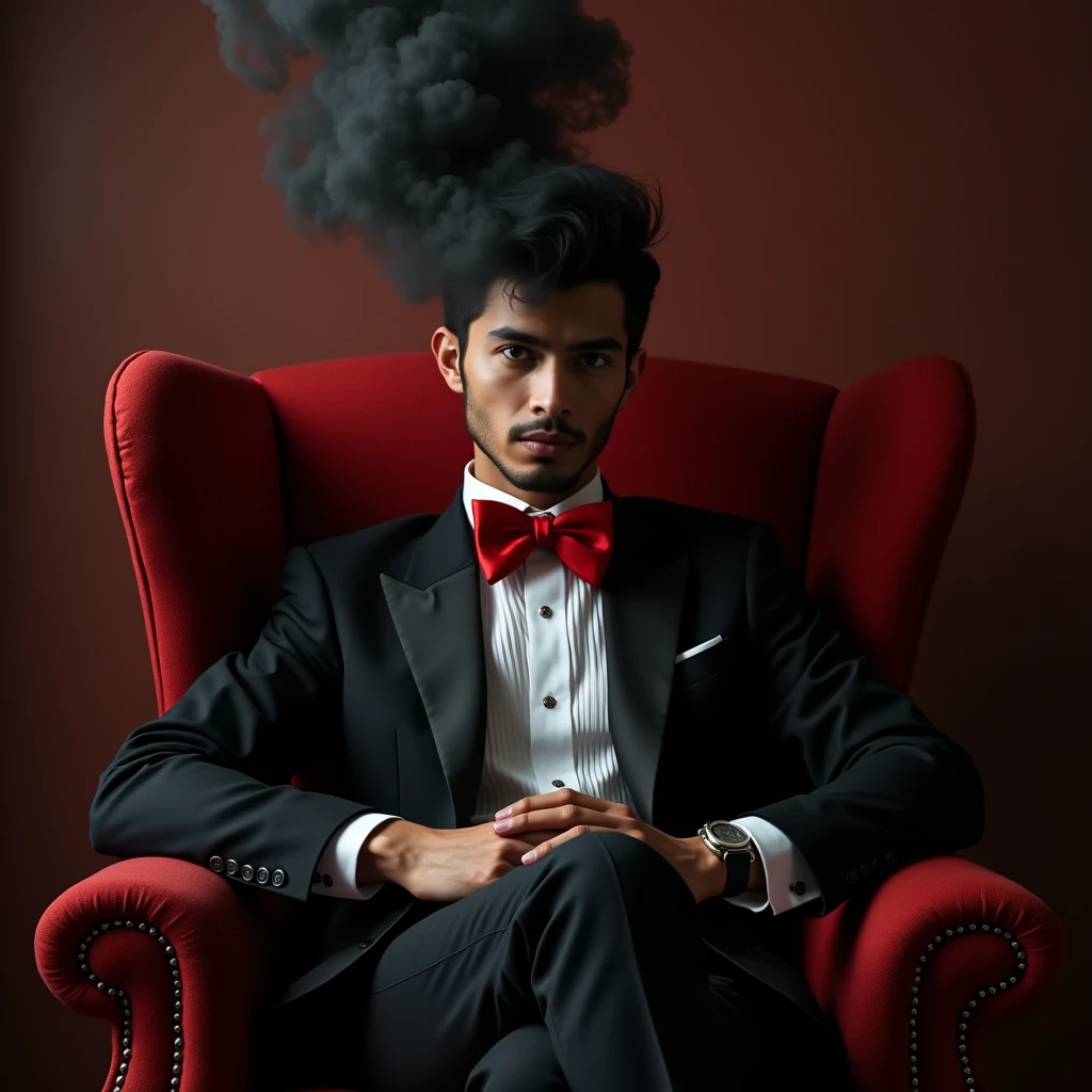 All paccino wearing a black smoke with a scarlet red bow tie sitting in a royal armchair with a pose of power.