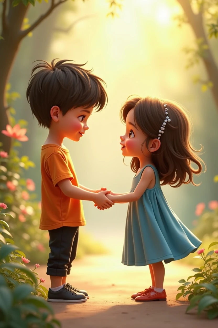 A young boy who wears orange t shirt and black pant and looking girl who wear blue colour dress and shaking hand with eachother