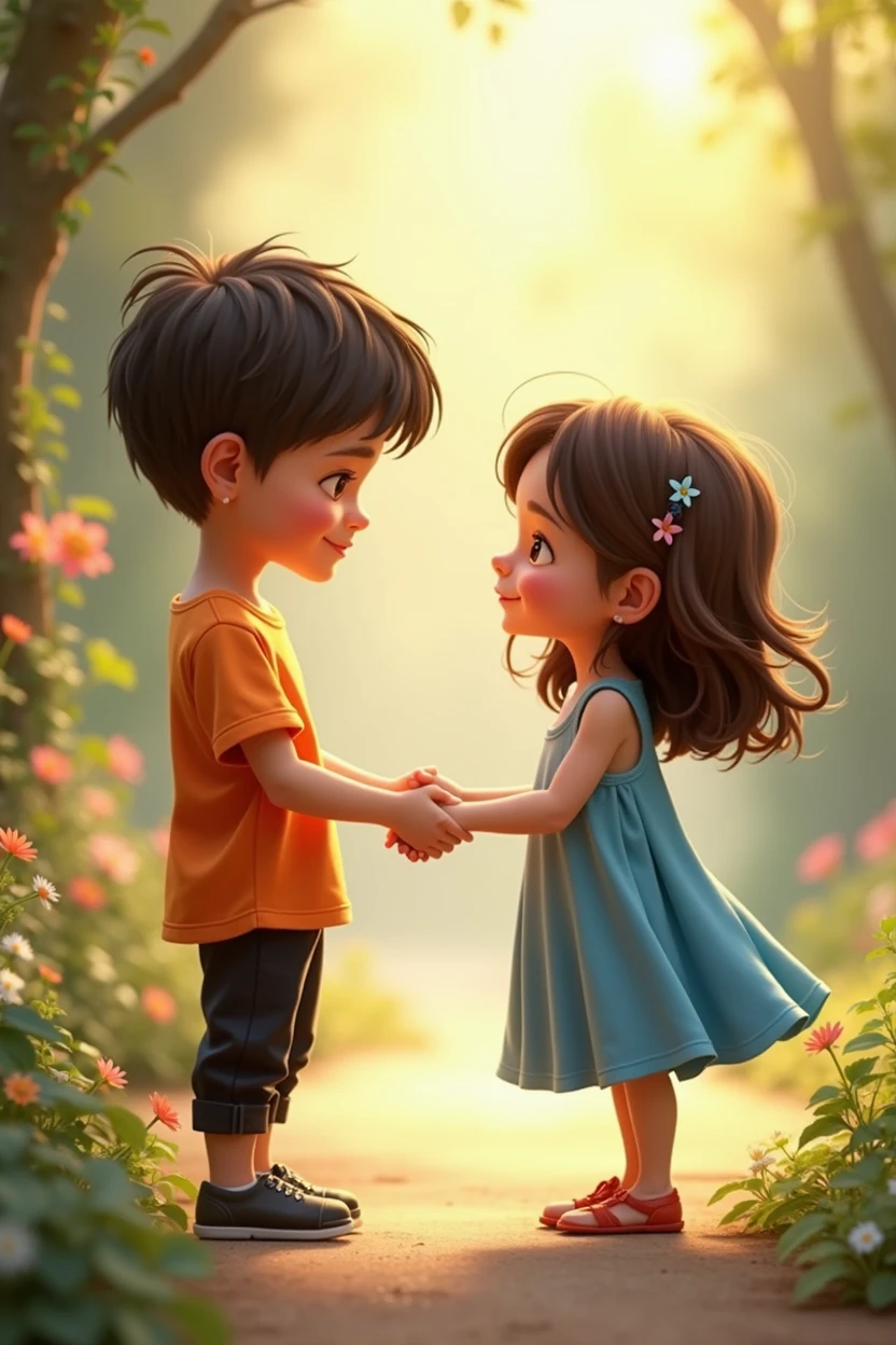 A young boy who wears orange t shirt and black pant and looking girl who wear blue colour dress and shaking hand with eachother