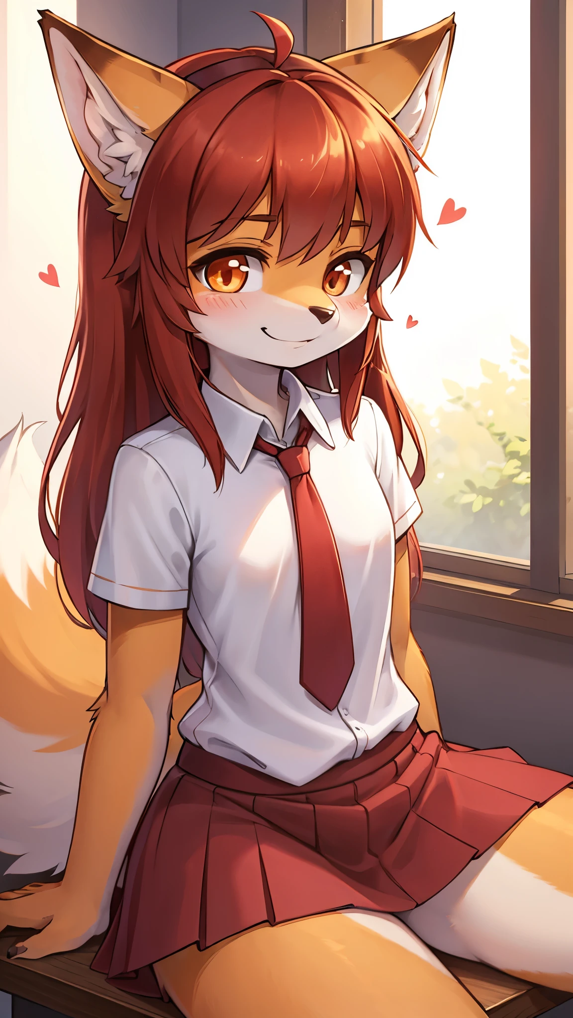 best quality,best resolution,solo,(fluffy anthro furry :1.6),(young :1.8),fox girl,flat chest,red hair,long hair,messy hair,orange eyes,glistering eyes,sparkle eyes,orange fur,(white short arms shirt with red tie),(red skirt),clasdes,flower hairpin,beautiful classroom,light and shadow,full face blush,heart expression,heart eyes glow,naughty face,smile,sitting