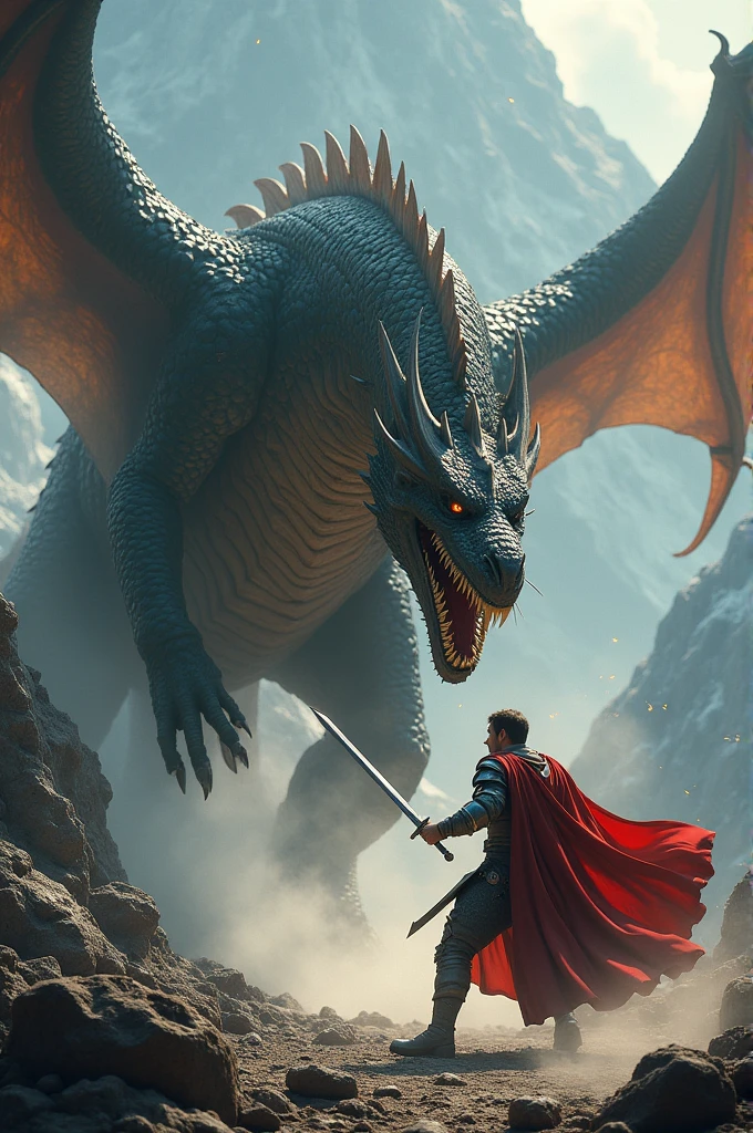 A man is fighting a dragon and the dragon gets injured