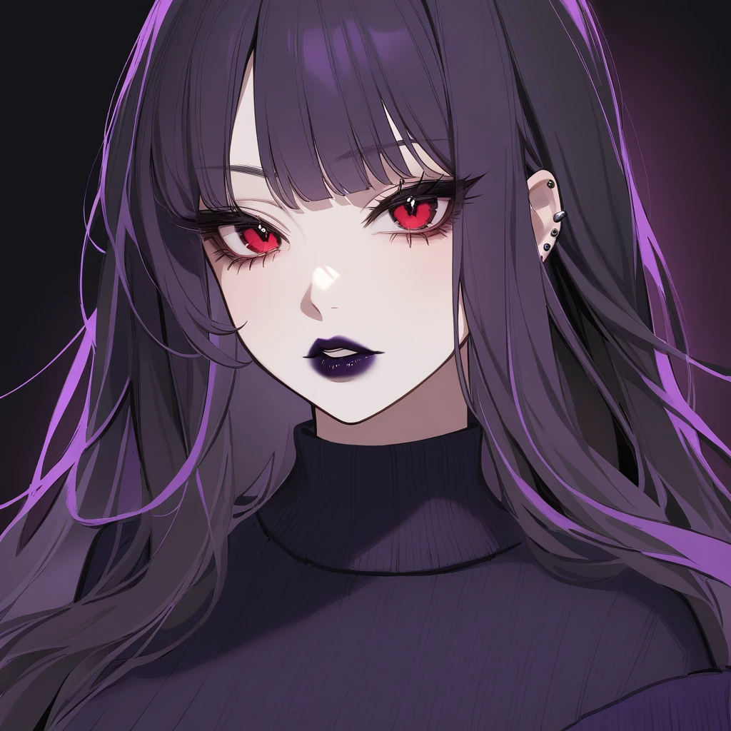Kyoko has long, flowing black, often messy purple hair. Her piercing red eyes are framed by thick lashes, she have dark, bold lipstick that highlights her full lips. Kyoko wear black and purple pullover that is always too big for Her and black short.
