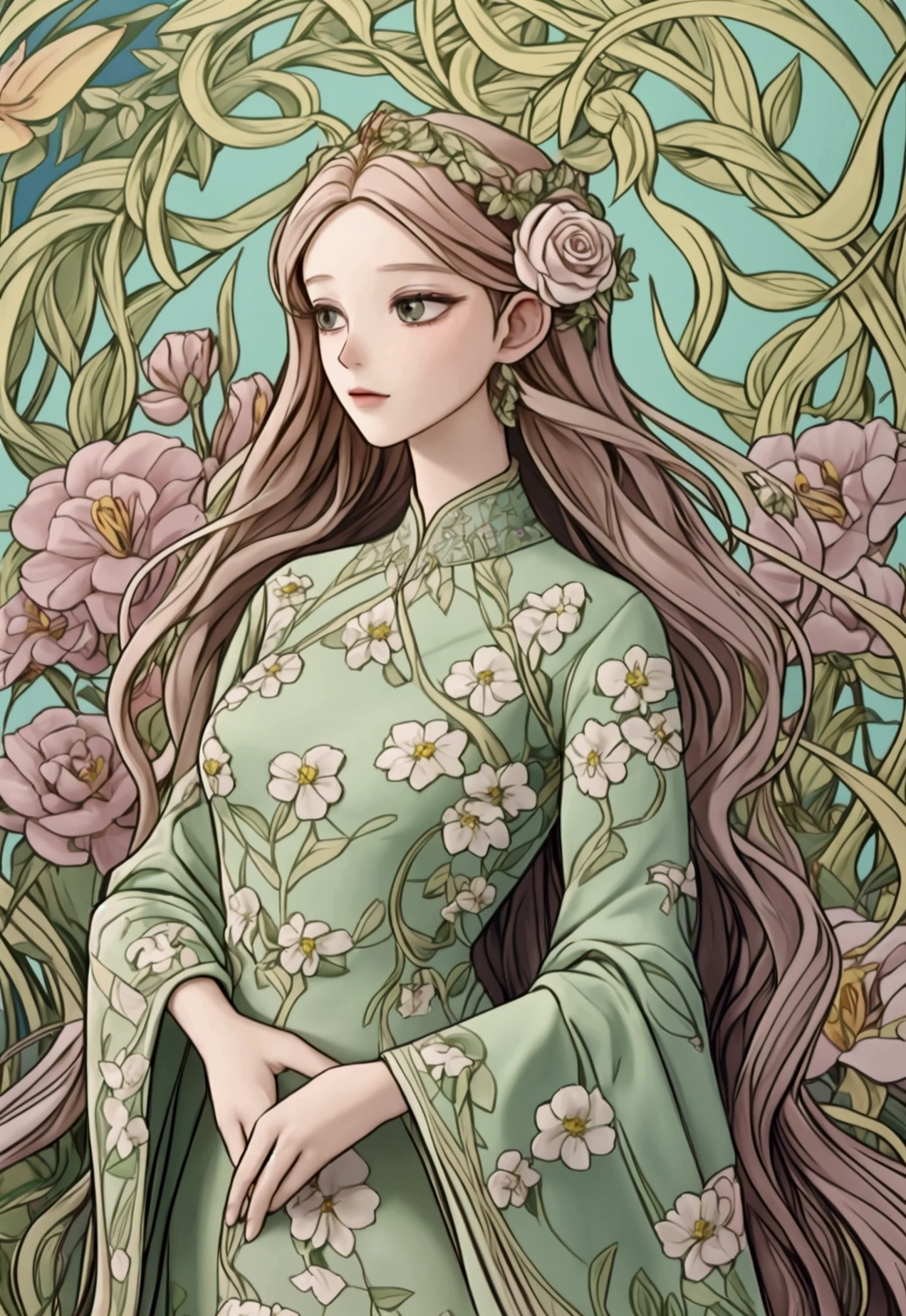 An ethereal feminine figure, personifying nature, with long hair flowing in soft, elegant curves that blend with vines, flowers and leaves. The goddess's body may be interwoven with plants that follow the sinuous and ornamental lines typical of Art Nouveau, creating an effect of continuity and natural movement.

The flowers may include lilies, roses or poppies, all drawn in intricate detail, with stems and petals forming circular patterns around the figure. In her surroundings, small animals, like birds or butterflies, podem estar presentes, following the flow of the design.

The color palette can be soft and natural, com tons de verde, golden and lilac, capturing the essence of Art Nouveau style, with a sense of harmony, Beauty and connection with nature.