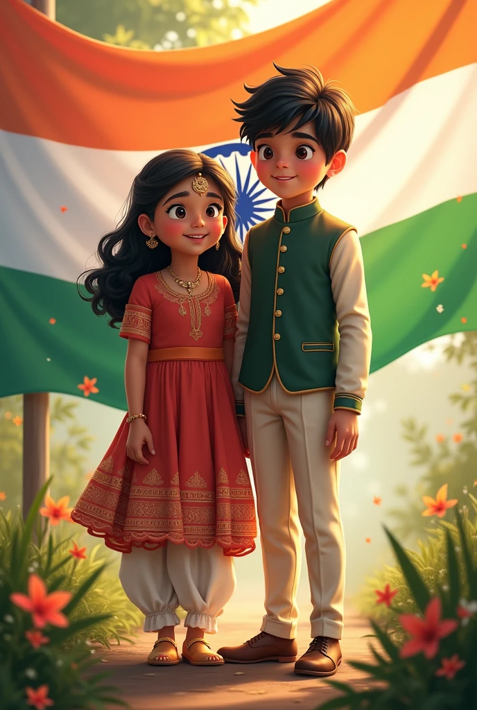     "Background indian flag"
One girl and boy "TAMANA "MISTER" Enjoying Independence Day" indian formal dress on side name "TAMANA " MISTER" 15 august 2024