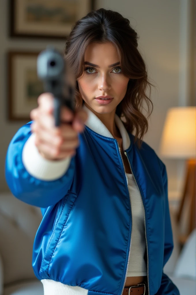 wide depth of focus, living room background, full body image,, fragments, soft feminine royal blue and white satin bomber jacket, woman posing with a pistol up by her face, fighting stance,almost perfect, pure form, intricate details, 8K post-production, high resolution, super detailed, Popular topics on Artstation,, Studio photos, intricate details, Very detailed, both woman and her pistol are in focus