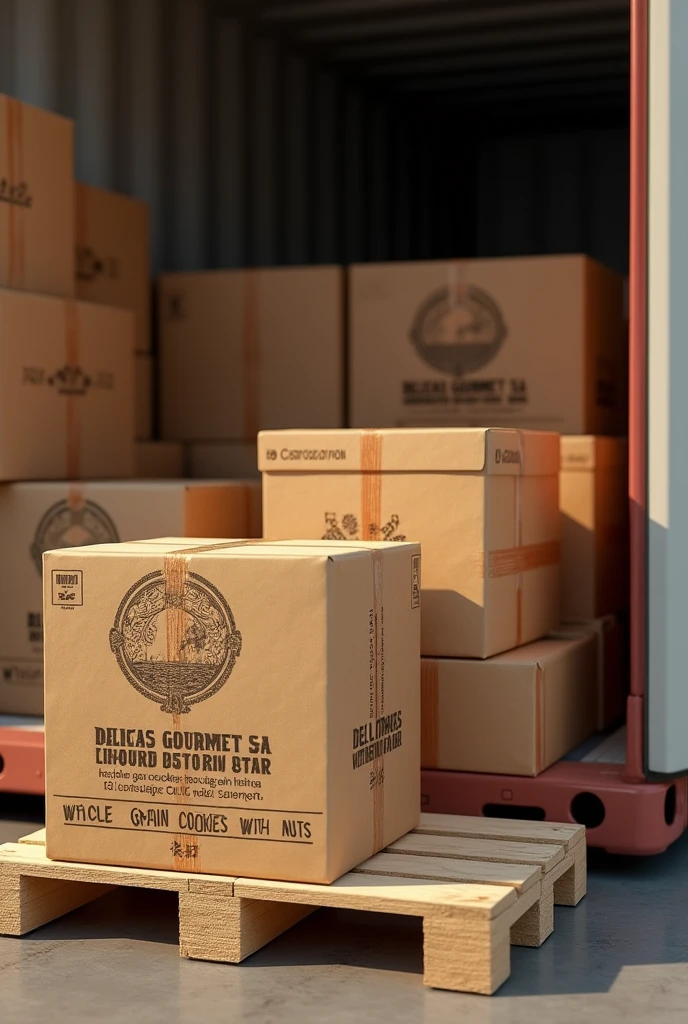 (photorealism:1.2), Show several SMALL boxes grouped IN A CONTAINER with TAPES AROUND THE BOXES FOR TRANSPORT and on pallets and with instructions on how to handle the box. But these boxes should have the company name "DELICIAS GOURMET SA" that handles whole grain cookies with nuts in a container
