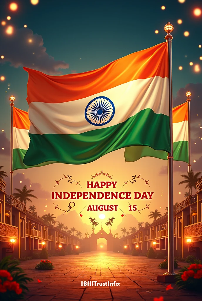 Showing Independence Day of India and text of  Independence Day August 15 and  “Trust Info Enterprises” in red