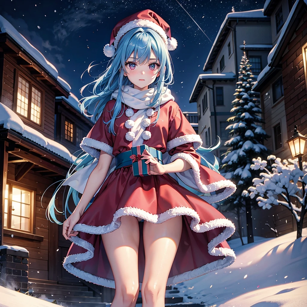(Sky blue hair tied in a single strand),(Pink Eyes),Fair Skin,Full Body,Alone,Santa Claus Clothes,Giant Christmas Tree in the Background,Snowy Night,Sparkling Night Sky,gift box,Masterpiece, Top Quality, Very Detailed, Best Shadows,Detailed Background,Beautifully Detailed Face,High Contrast,Best Lighting, Very Delicate and Beautiful,Cinematic Light,Hyper Detail,8k,Dramatic Light,Exquisite Detail,
