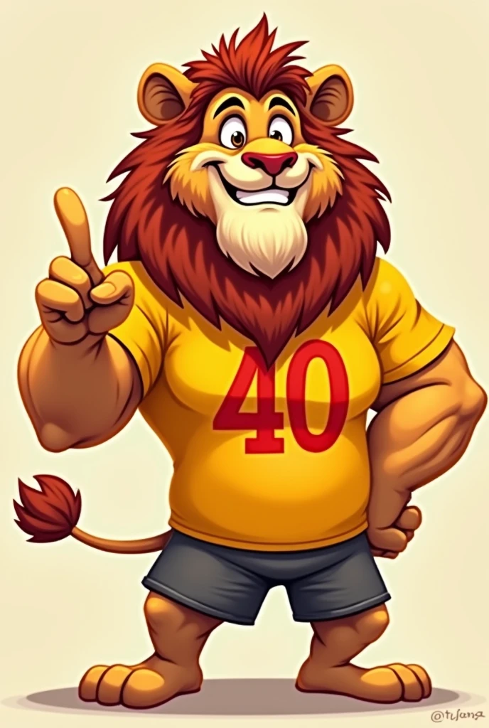 I want a drawing of a muscular lion from the waist up, half cartoon and half realistic, smiling., wearing a yellow shirt with the number 40 in red in the middle, making the letter V with the two fingers of the right hand