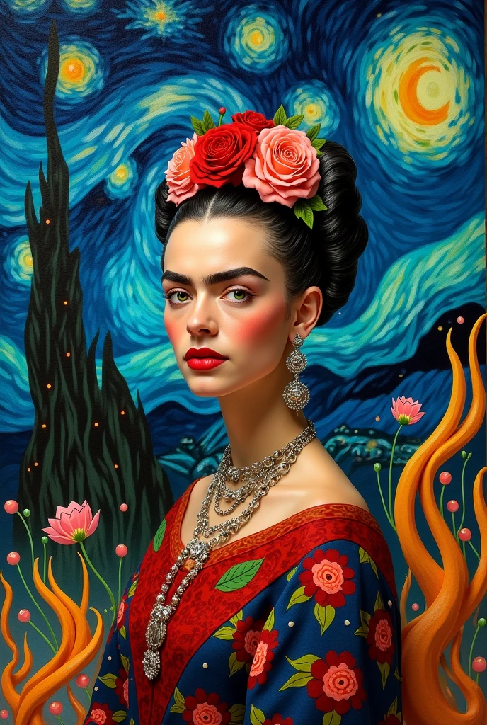 Frida Kahlo in a Dali painting setting and starry sky by Vincent Van Gogh