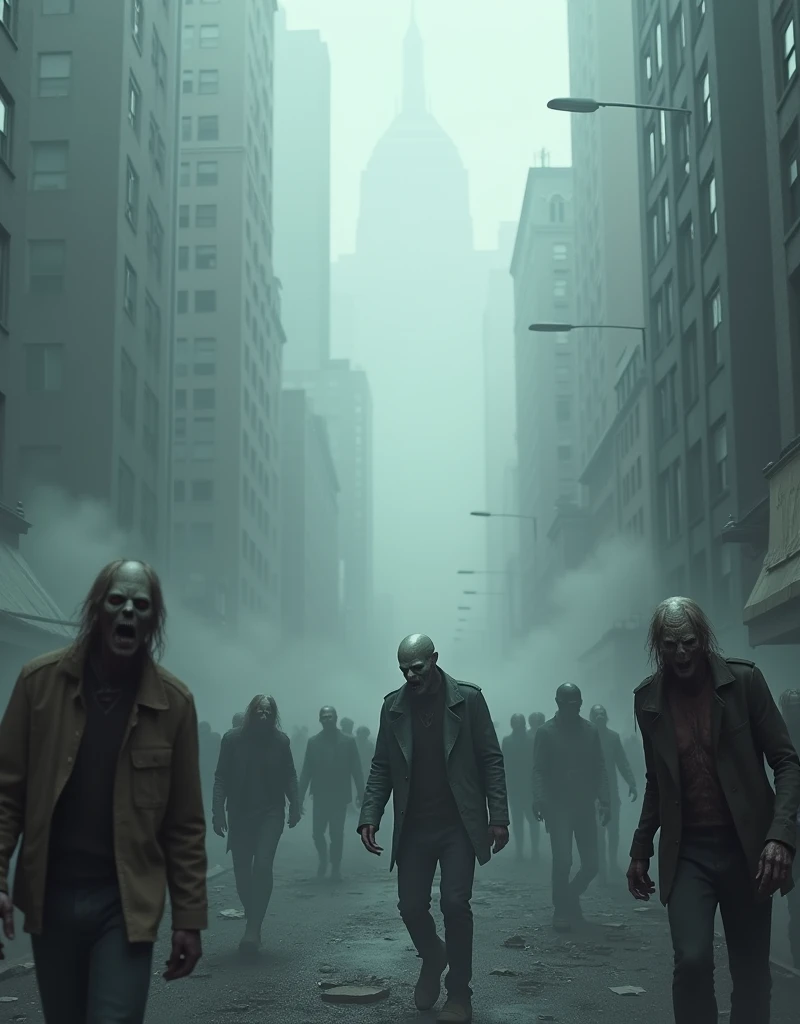 Zombies wandering the New York Manhattan shrouded in a thick, mysterious fog