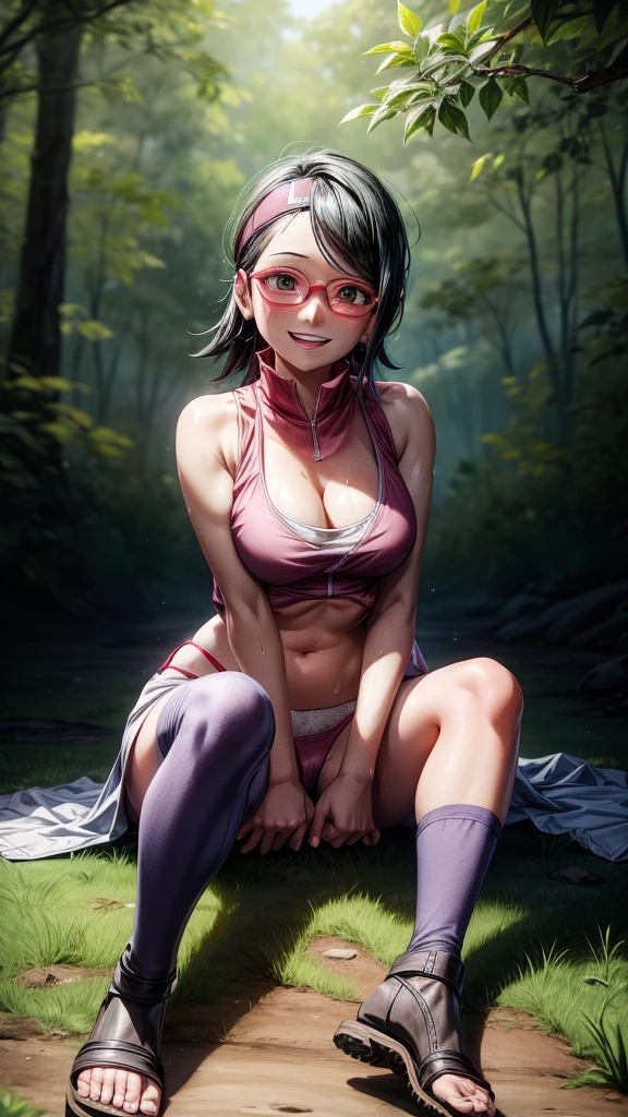 Sarada Uchiha, Ultra HD 5K high resolution, Sarada is sitting in a forest with her legs open, you can see her sweaty blue panties, she is only wearing a blue bra and blue panties, her clothes are thrown on the floor covered in sweat, smiling while she has her legs open, eye only wears bra and panties underwear in detail sweat
