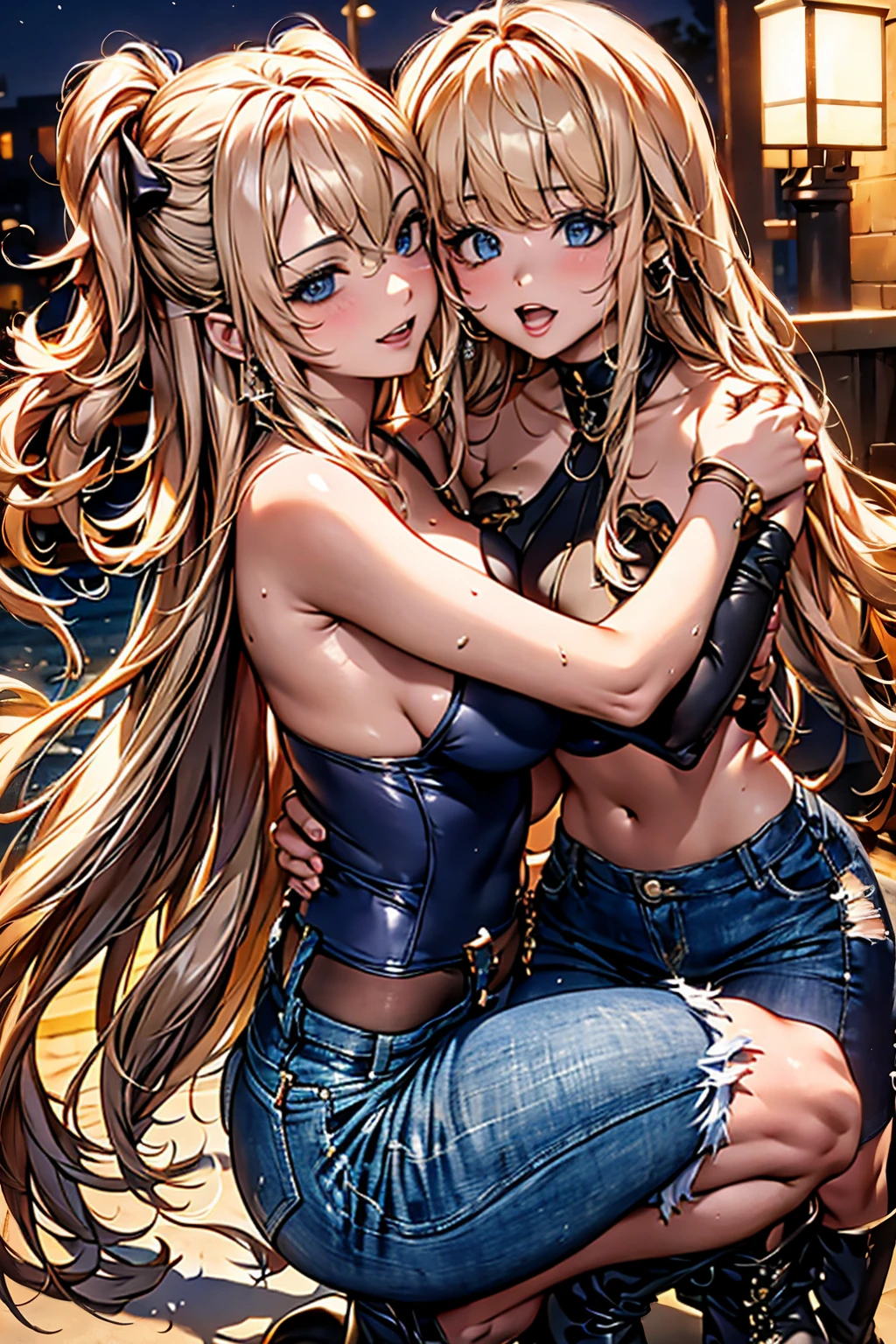 Browsing Caution,​(Highest quality, 8k, masterpiece:1.3,beautiful girl), (Very detailed)Glowing Skin,(((Long Hair,blonde,Beautiful Hair))),(Perfect Anatomy, Anatomically correct, Very detailed肌),((Golden Eyes)),((Perfect Fingers,Five Fingers)), *********, Mole under the eye, ((White tube top, Navy blue denim shorts with distressed detailing...、Black platform boots), Fancy earrings、Gold bracelet、Double teeth,Big Breasts,Big Ass、night、Port town、front、concentrate、Sunburn、Squat、Place your arms behind your head、Wink、kiss、Front angle