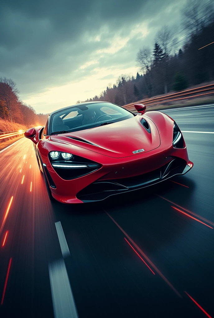a high speed sports car driving at high speed, view from steering wheel, speedometer showing very high speed, detailed car interior, fast motion blur, dynamic composition, cinematic lighting, vibrant colors, dramatic tension, photorealistic. Zoom photography, 8k, best quality