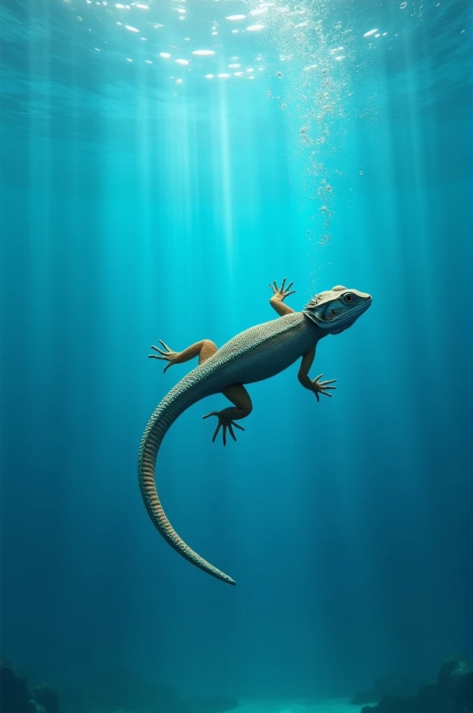Lizard swimming in a 1000 liter blue water tank 