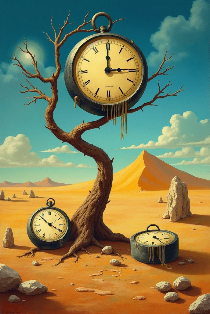 Image of a desert with a small wall with a small tree with a branch and on this branch there is a melting clock and next to the tree there is another melting clock and on the ground there is another melting clock and in the background of the image a mountain with a blue and yellow sky