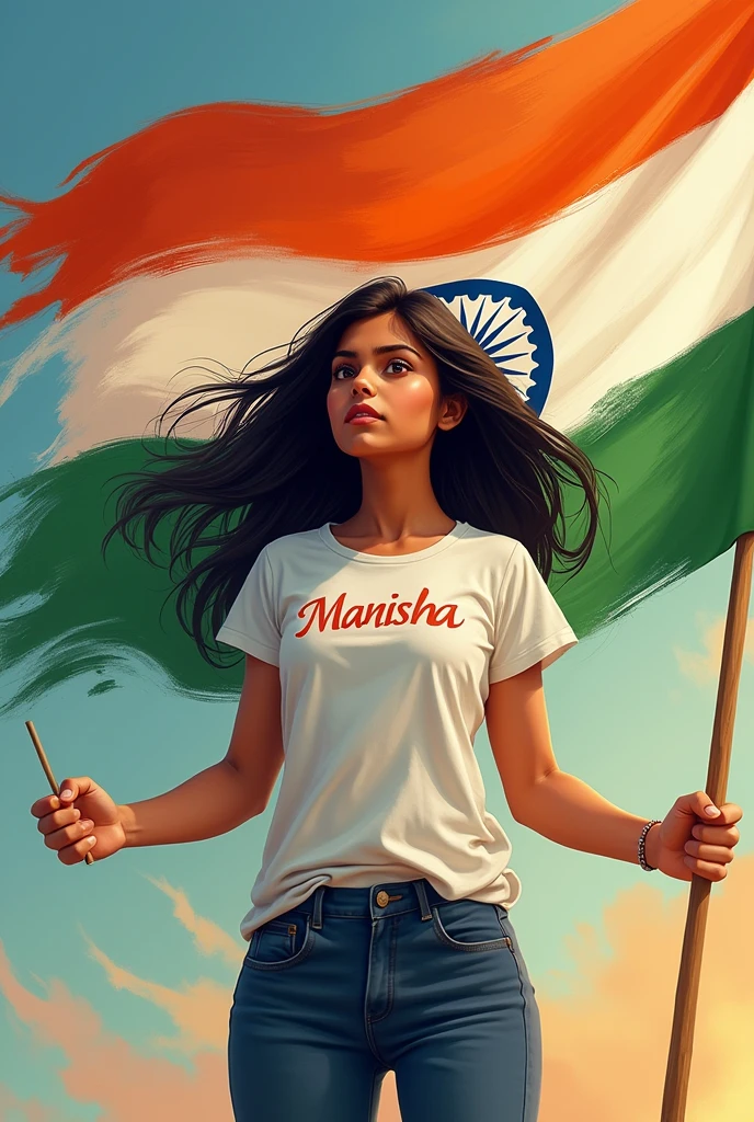 A 18 years old girl named MANISHA holding indian flag, she is wearing  tshirt with her name