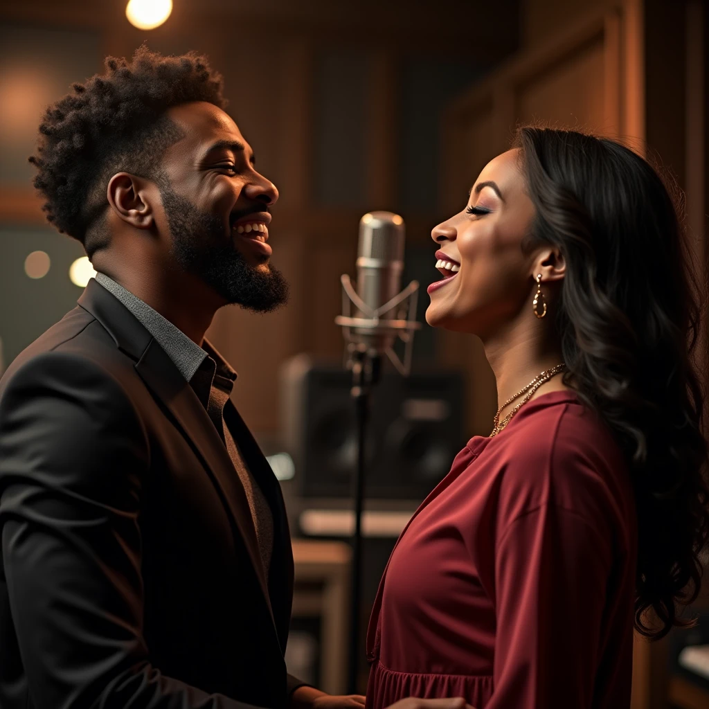 "Create a cinematic 4K image, DSLR Canon style, of a gospel singer and a woman singing together in a recording studio. Show both in full performance, with the gospel singer and the woman displaying expressiveness and energy. The background should be a professional studio with recording equipment and appropriate lighting. Highlight the interaction between the singers and the musical environment, capturing the emotion and vibrancy of the performance."