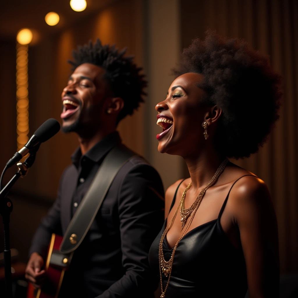 "Create a cinematic 4K image, DSLR Canon style, of a gospel singer and a woman singing together in a recording studio. Show both in full performance, with the gospel singer and the woman displaying expressiveness and energy. The background should be a professional studio with recording equipment and appropriate lighting. Highlight the interaction between the singers and the musical environment, capturing the emotion and vibrancy of the performance."