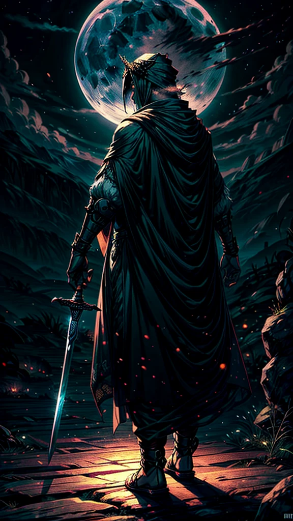 In green color islamic drees muscular warrior wearing a long turban on his head a long veil on head backside full body cover islamic clothes in full moon night 8k quality fantasy illustration in a dark night fantasy illustration with aura nightview
Here’s the revised prompt including the Zulfiqar sword:
"A highly detailed illustration of an Islamic warrior walking firmly into the distance, facing away from the audience under a full moon night. The warrior is adorned in traditional Islamic attire, including a cloak on his head and a long chadar flowing behind him. He carries the iconic ((Zulfiqar sword,)) which has a split tip, strapped to his back. The scene is set in a vast desert under the dark sky, with rolling white clouds and thick smoke drifting into the air. Eagles soar above as the moonlight casts noticeable shadows and light effects. The image has a vivid color scheme with a focus on dark, deep tones, enhanced by light particle effects. The overall style is akin to an ink painting with clear layers, depth of field, and ray tracing, emphasizing the nocturnal atmosphere. This 8k quality image is suitable for a wallpaper, capturing the mysterious journey through a moonlit landscape."