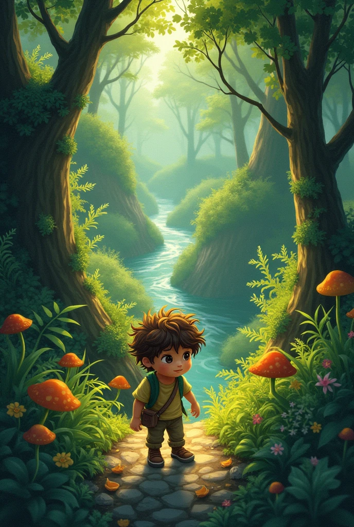 Draw a boy in a forest from a top-down perspective