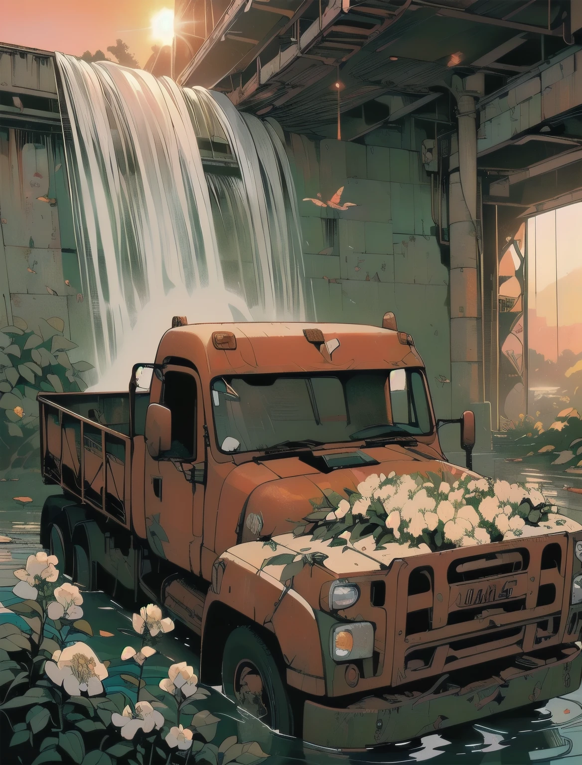 (((Masterpiece, Top Quality))), (((32K wallpaper))), detailed machinery, abandoned factory, stairwell, (((white flower field))), (((rusty white heavy truck))), gorgeous light leak, (((backlit))), detailed background, top quality, (((no humans))), collapsed heavy machinery, complex heavy machinery, pale lighting, (((very dull color )))), (((detailed rusty heavy truck))), (((lots of white flowers falling))), (((flowers growing out of rusty heavy truck))), (((lots of butterflies))), (((abandoned garage))), (((submerged))), (((waterfall falling from ceiling))), (((waterfall on heavy truck)))), (((( Bright red sunset))), (((detailed waterfall and water))), (((close up of heavy truck))