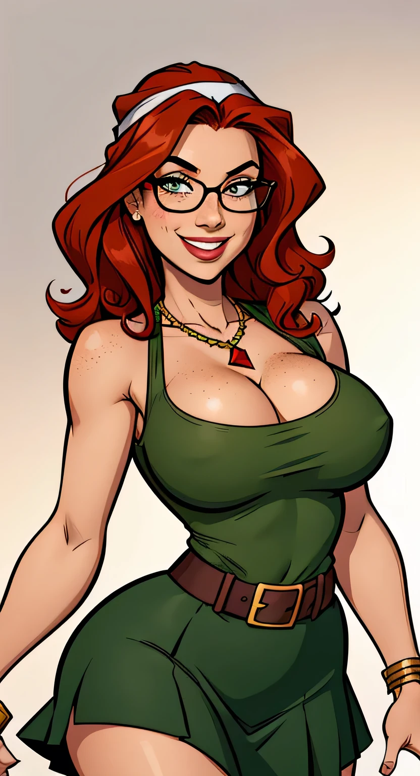 Thin woman, Waist slender, beautiful smiling, 4K (High definition), teacher with green boat neck shirt, necklace with red diamond, black belt, long green curly skirt, Caucasian skin, round glasses, shoulder length wavy red hair (using bandana), eyes browns, busty with freckles. comic style, white background.