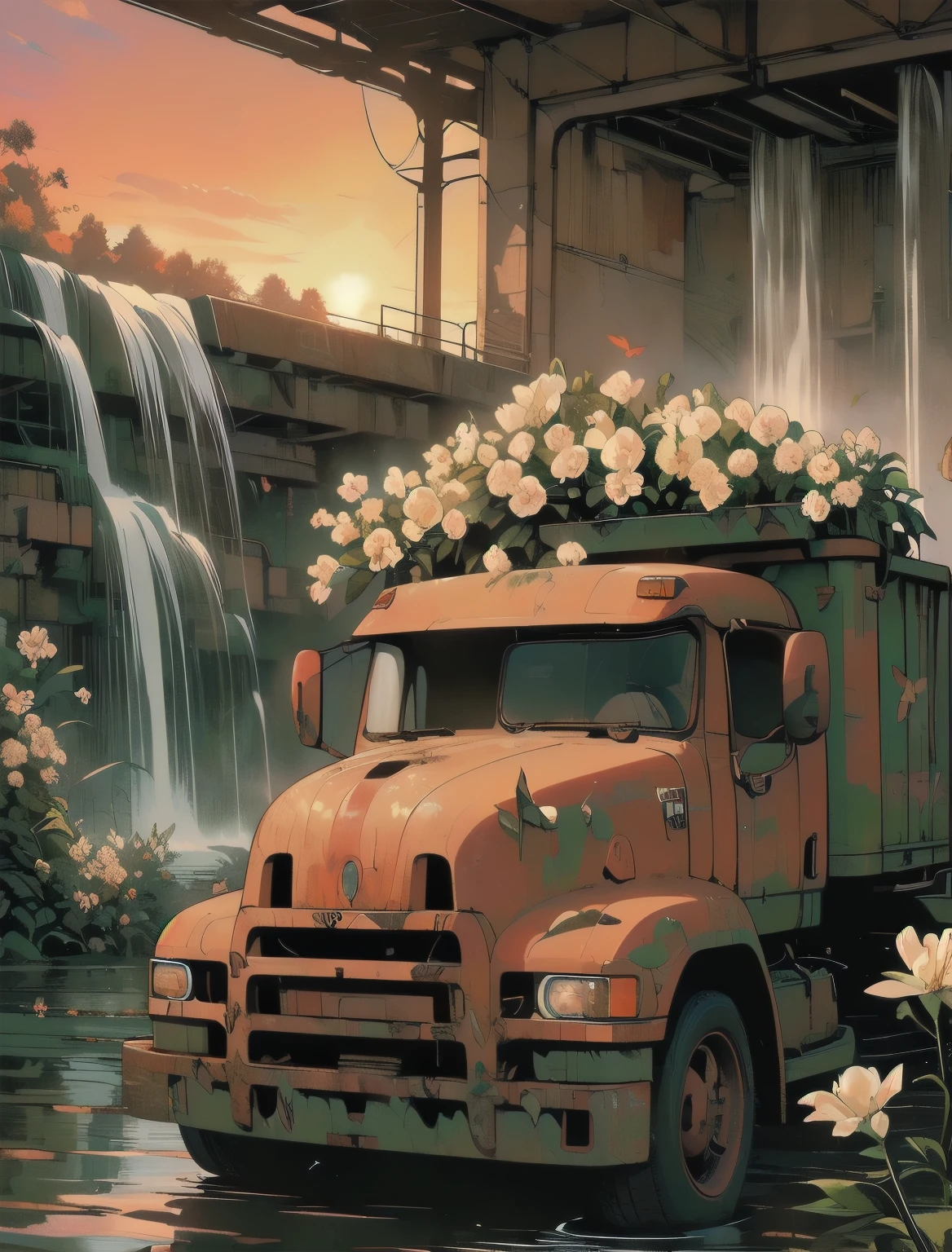 (((Masterpiece, Top Quality))), (((32K wallpaper))), detailed machinery, abandoned factory, stairwell, (((white flower field))), (((rusty white heavy truck))), gorgeous light leak, (((backlit))), detailed background, top quality, (((no humans))), collapsed heavy machinery, complex heavy machinery, pale lighting, (((very dull color )))), (((detailed rusty heavy truck))), (((lots of white flowers falling))), (((flowers growing out of rusty heavy truck))), (((lots of butterflies))), (((abandoned garage))), (((submerged))), (((waterfall falling from ceiling))), (((waterfall on heavy truck)))), (((( Bright red sunset))), (((detailed waterfall and water))), (((close up of heavy truck))