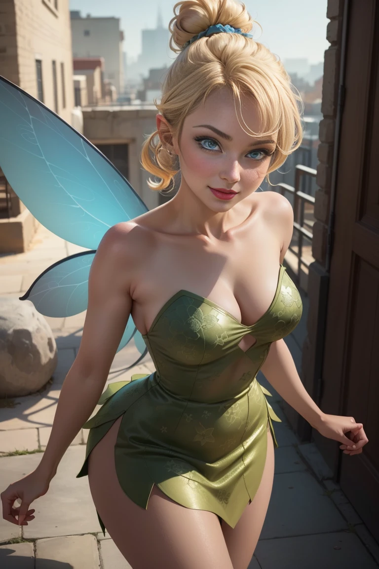(TinkerWaifu:1), smile, sexy, naughty pose, looking at viewer, large breasts, cleavage, single hair bun, short hair, (strapless green dress:1), (fairy wings), (breast focus:1.2), from above, (realistic:1.2), (realism), (masterpiece:1.2), (best quality), (ultra detailed), (8k, 4k, intricate),(full-body-shot:1),(Cowboy-shot:1.2), (85mm),light particles, lighting, (highly detailed:1.2),(detailed face:1.2), (gradients), colorful,(detailed eyes:1.2),(detailed background),detailed landscape, (dynamic angle:1.2), (dynamic pose:1.2), (rule of third_composition:1.3), (Line of action:1.2), wide shot, daylight, solo, sexy, show skin