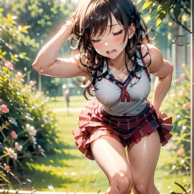 score_9, score_8_up, score_7_up, rating_explicit BREAK realistic anime art style, 1 girl, Fair-skinned, dark brown hair, round eyes, (wearing tennis outfit, mini skirt:1.2), (1 fat man), standing split, standing sex, vaginal penis insertion, (open mouth:1.6), (orgasm face, closed eyes, sweat, drooling, pussy juice:1.3), tennis court