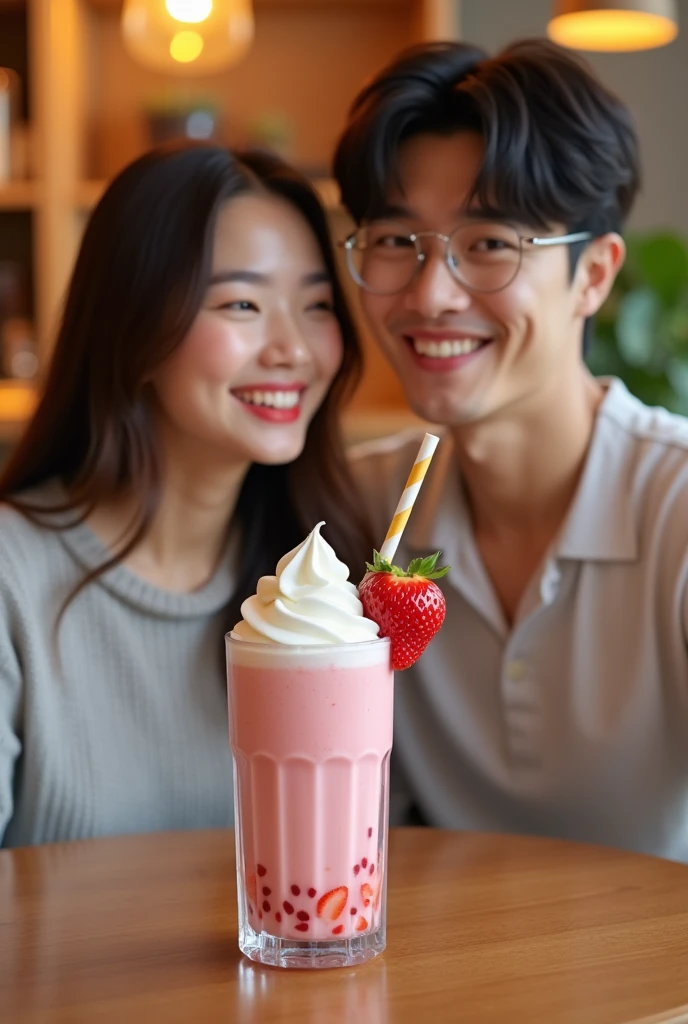 Korean couple with strawberry milkshake for advertising