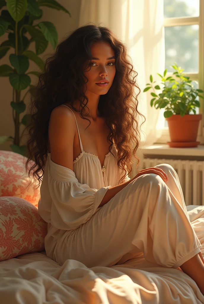 (photorealism:1.2), beautiful woman, sitting on bed, wearing loose off-shoulder top, pajama pants, long curly hair, indoors, soft lighting, plants in background, window with sunlight, cozy room, relaxed pose, realistic, intricate details, warm colors, by Greg Rutkowski, by Alphonse Mucha