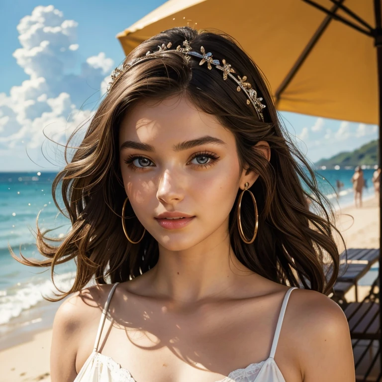 (masterpiece, best quality:1.5), highest quality, High resolution, super detailed, Realists, Upper body photo of a brunette 22-year-old woman, detailed and beautiful eyes, beautiful detailed lips, very detailed eyes and face, longeyelashes, 22-year-old woman in a summer dress, Beautiful and colorful makeup, elegant and noble々Pose,shiny headband,, Beach and sea as background, bright daylight, bright colors, fine brushstrokes, Portrait style, beautiful color palette, glowing skin, First-class rendering, that captures every detail, enchanting atmosphere, (perfect anatomy:1.2), (The stunning woman is wearing a short summer dress... She smiles flirtatiously. her arms above her head, Showcasing her figure (magnificent panorama view:1.2)