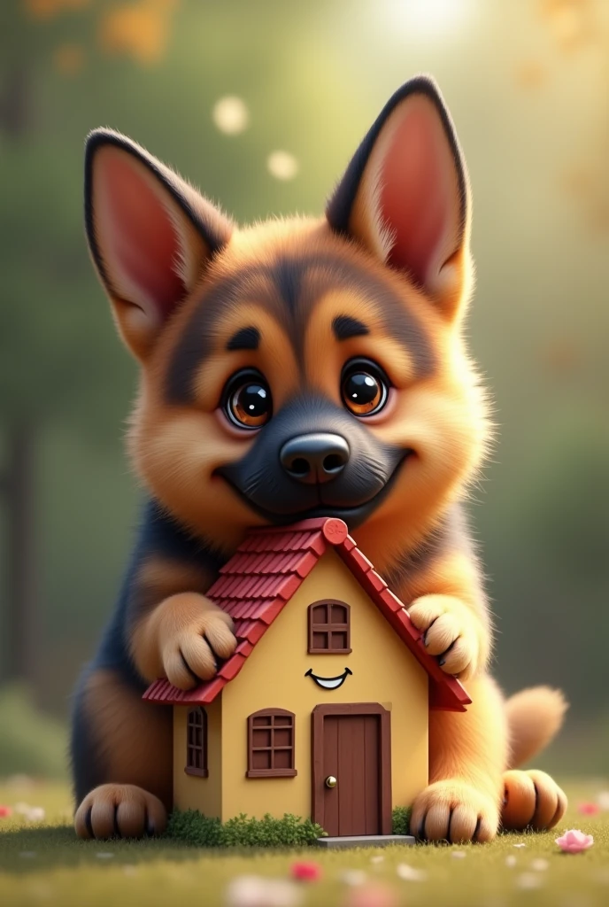 A cute 2 year old German shepherd dog, holding a mini house with a smiley face , with his head rested on the mini house as though trying to protect the house 