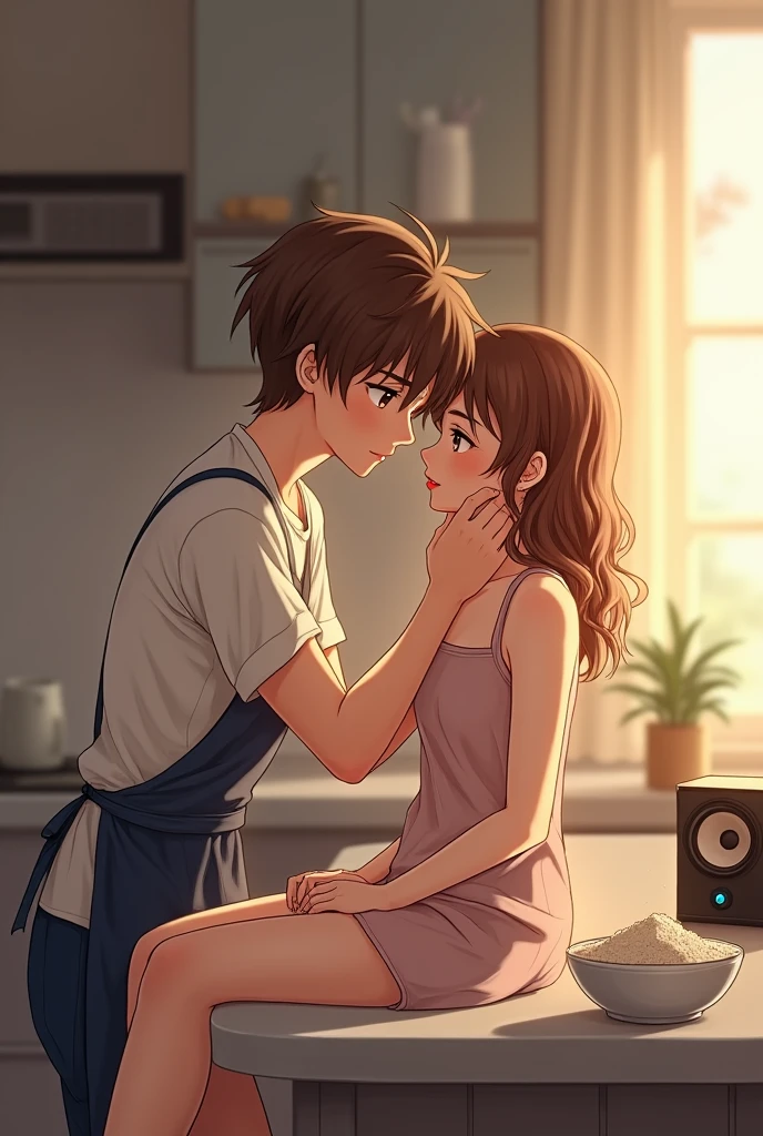 background an elegant kitchen with neutral colors, warm light. girl sitting on the kitchen bar with very light brown hair and brown eyes and red lips. Standing behind the counter while kneading flour from a bowl, brown haired boy with blue eyes behind her with his hands on top of her while he has his face pressed against the girl's neck, a small speaker next to the bar.